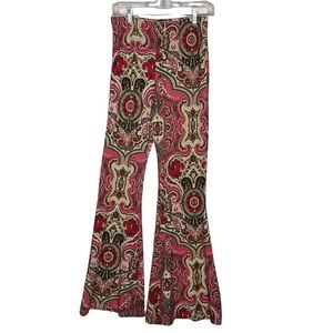 Free People Hot Pink Print High Waist Flare Retro Harper Paisley Pants Sz Medium